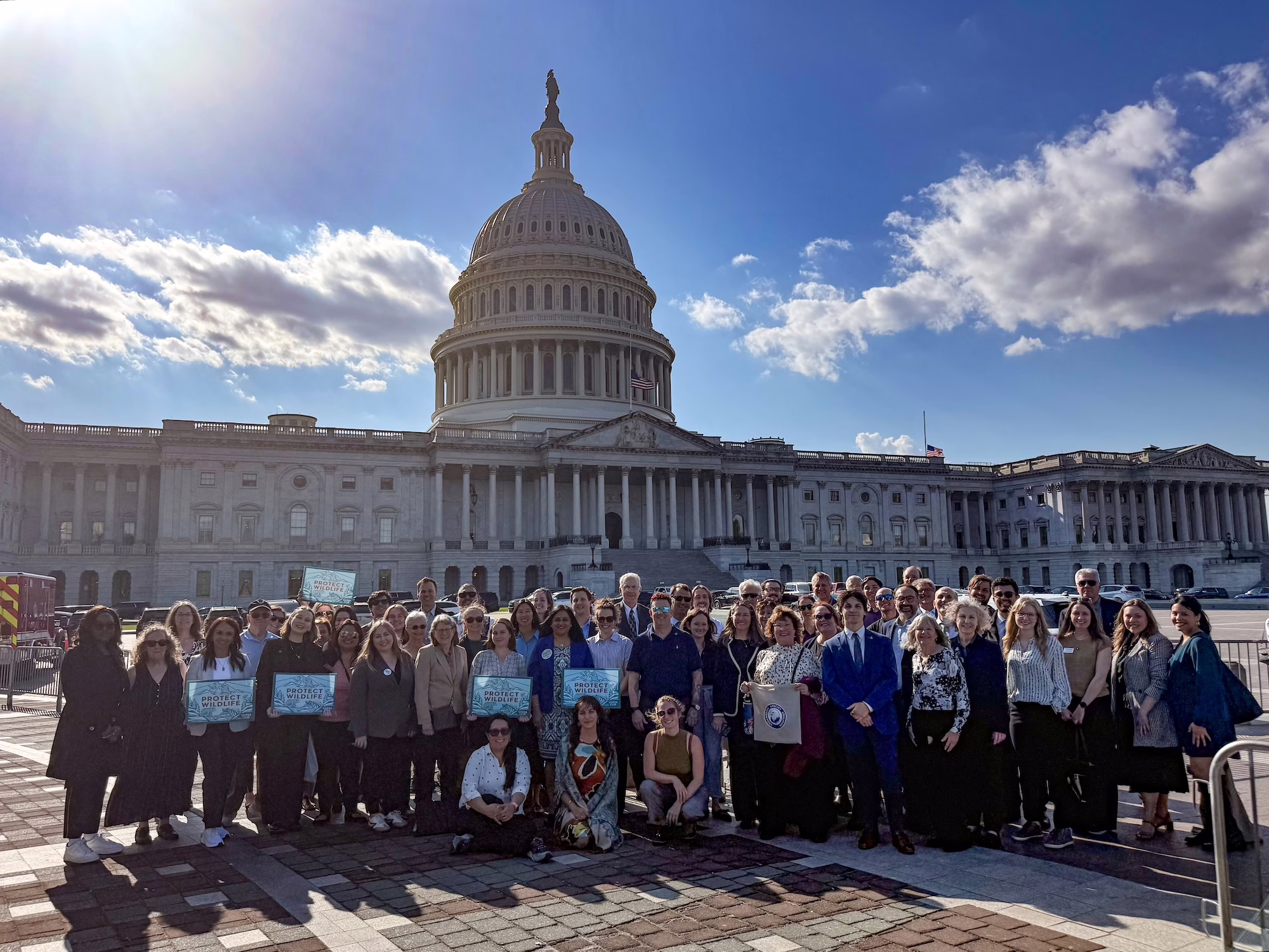 Large group of people posing in front of the U.S. Capitol on a bright day, with the Capitol dome centered behind them, blue sky and dramatic clouds overhead, and several people holding “Protect Wildlife” signs.