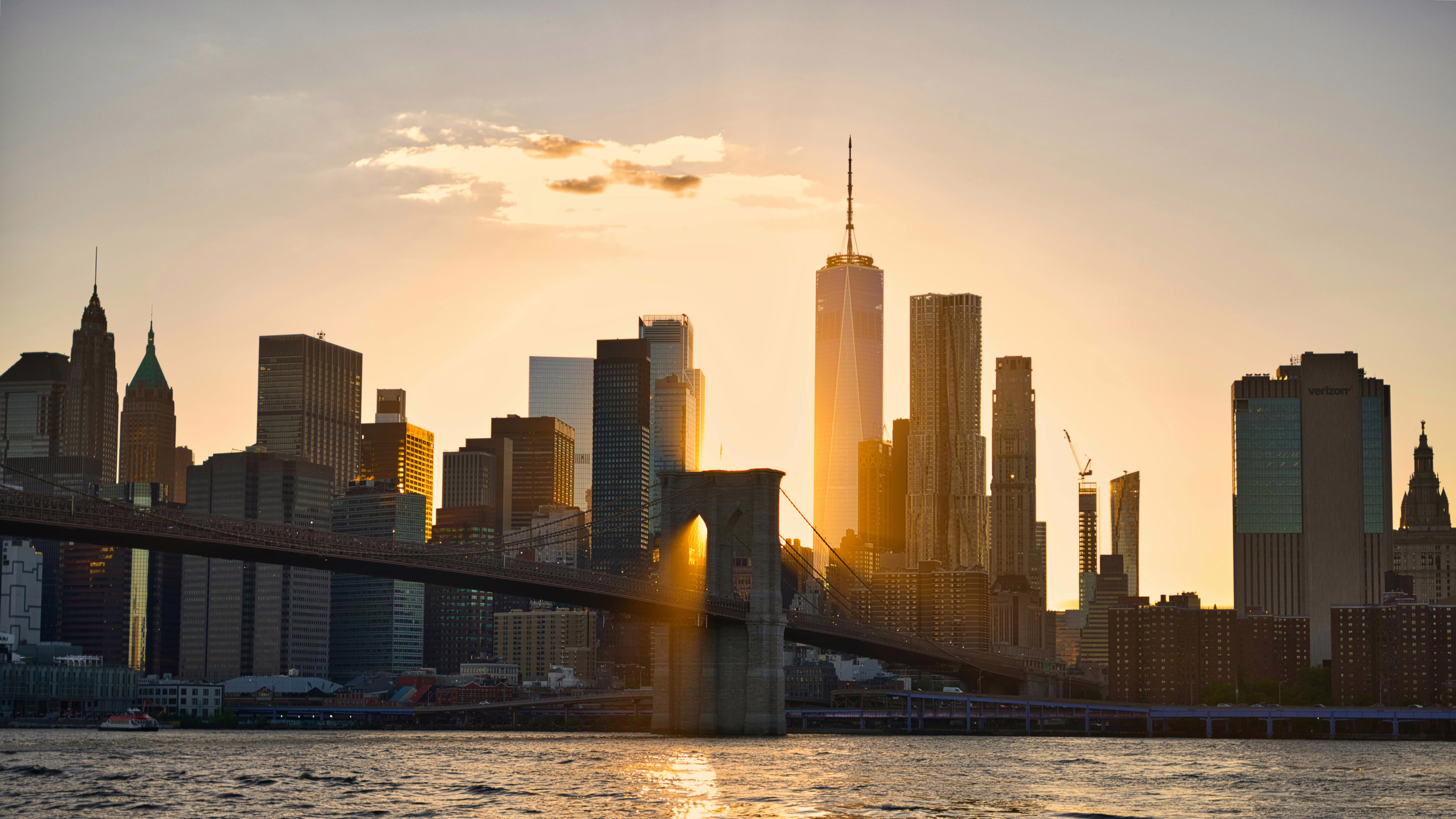 New York Skyline at Sunset with Brooklyn Bridge