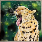 Detailed chalk drawing of a roaring Amur leopard against a dark green forest background, with spotted fur, white whiskers, and an open mouth.