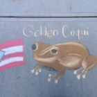 Chalk drawing of a golden coquí frog next to a Puerto Rican flag, with “Golden Coqui” written above.